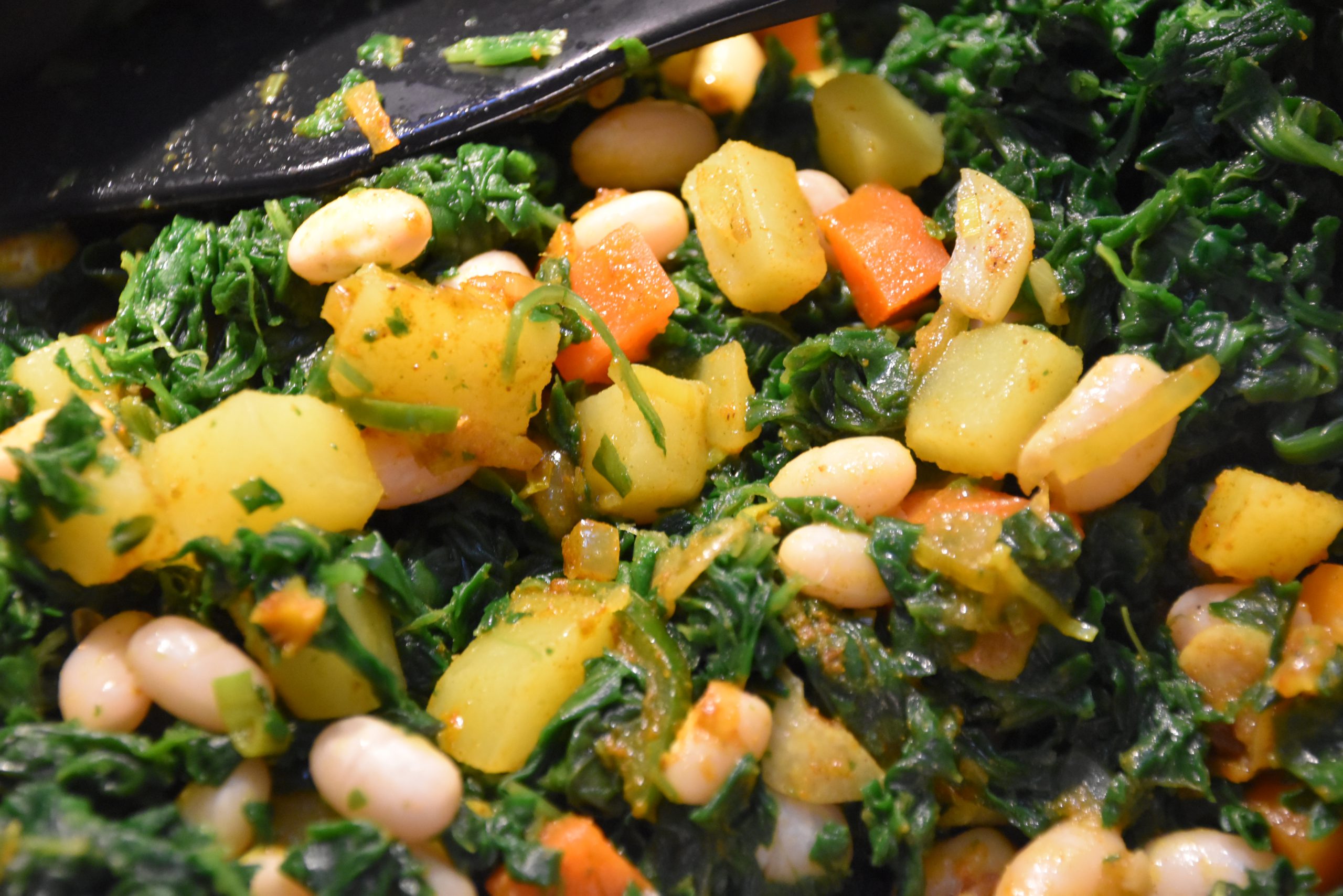 Indisches Spinatgericht mit weißen Bohnen, Kartoffeln und Spiegelei Indisches Spinatgericht mit weißen Bohnen, Kartoffeln und Spiegelei