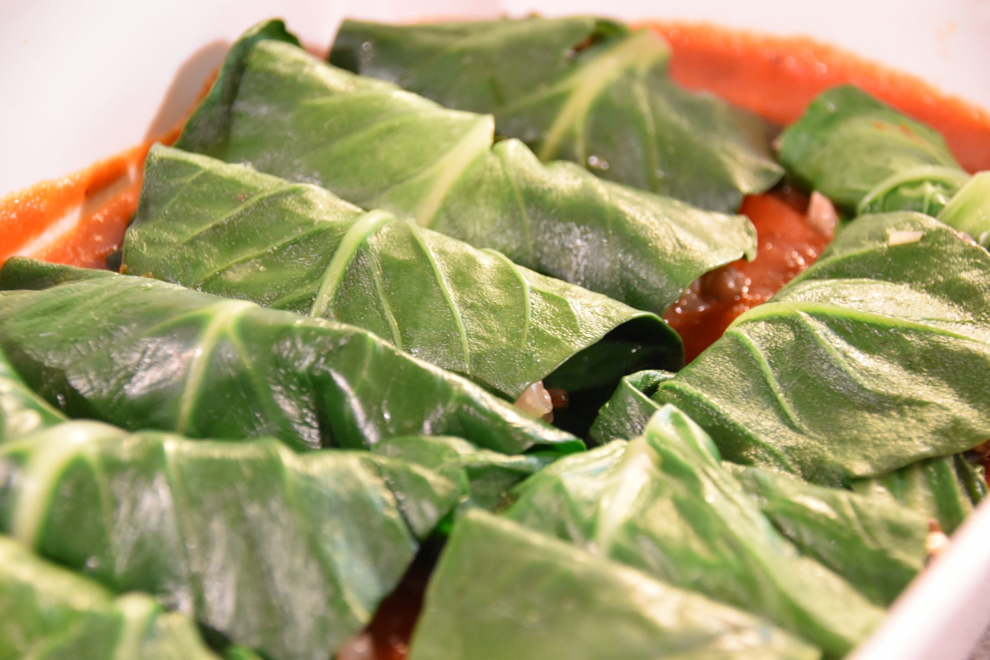 Gefüllter Mangold mit Champingons und Linsen auf Tomatenbett Gefüllter Mangold mit Champingons und Linsen auf Tomatenbett